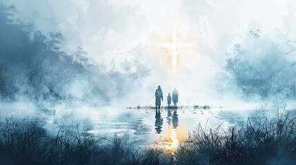 Family faith God hope belief christian religion Christianity spiritual spirituality jesus christ christianity concept worship prayer religious people person silhouette water lake reflection landscape