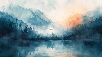 Christian cross landscape God faith religion Jesus christ hope spiritual christianity peaceful nature bible mountain lake belief prayer heaven sunrise sunset background abstract art watercolor