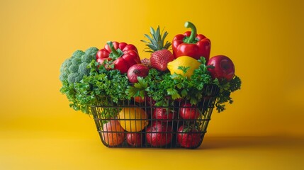 Fresh produce in basket against yellow background - generative ai