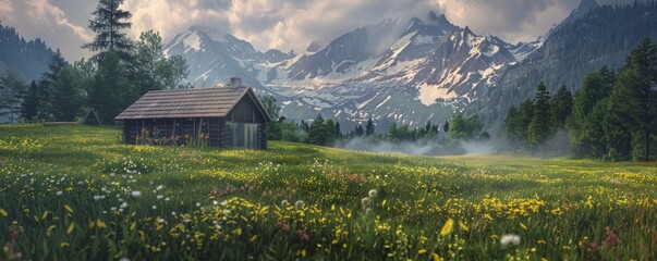 Wall Mural - Serene alpine meadow with a rustic cabin nestled amongst the wildflowers, 4K hyperrealistic photo