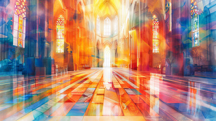 Abstract interior Cathedral Basilica church stained glass windows columns architecture religion background design colorful mosaic pattern art artistic illustration modern digital painting fantasy