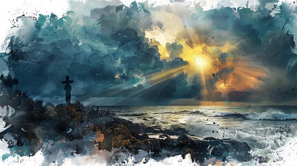 Wall Mural - Dark watercolor painting of a cross on a cliff by the sea dramatic sky with stormy clouds and sun rays faith religion hope god heaven spiritual jesus christ christianity