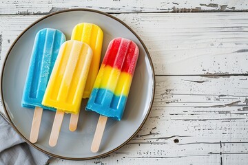 Wall Mural - Colorful ice cream popsicles in plate on wooden background