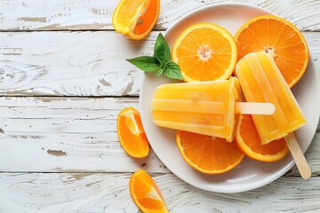 Wall Mural - Ice cream popsicles with organic orange fruit on wooden background