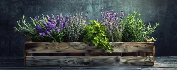 Wall Mural - Rustic arrangement of lavender, rosemary, and thyme in a wooden crate, 4K hyperrealistic photo