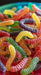 A close-up view of a bowl overflowing with brightly colored gummy worms. Vertical poster