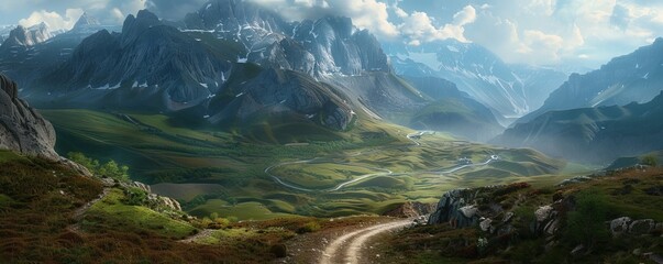 Sticker - Rugged mountain pass with a winding dirt road leading to a hidden village, 4K hyperrealistic photo