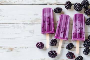 Wall Mural - Ice cream popsicles with organic blackberries on wooden background