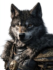  A wolf wears medieval armor, focused on the viewer