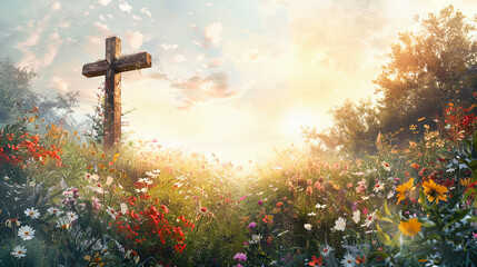 Wall Mural - Wooden cross in blooming spring meadow with flowers faith religion christianity god Jesus Christ easter sunrise sunset meadow wildflowers colorful peaceful nature landscape meadow field grass beauty