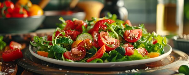 Wall Mural - Plate of fresh vegetable salad, 4K hyperrealistic photo