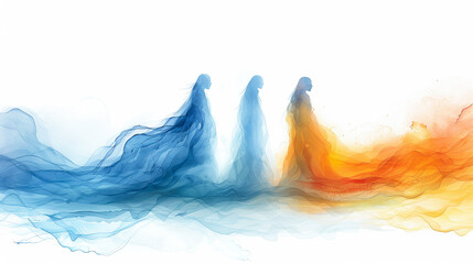 Wall Mural - Three figures walking abstract background blue orange waves ethereal spiritual mystical fantasy art illustration flow watercolor ink digital painting