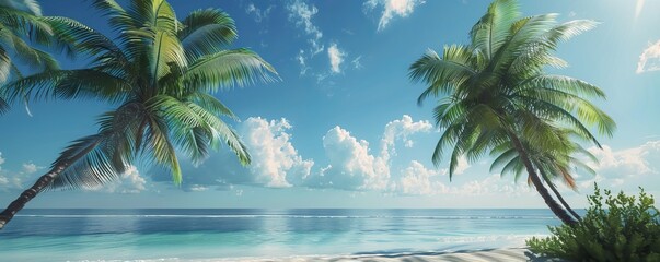 Poster - Palm trees swaying gently in a tropical breeze on a sunny beach, 4K hyperrealistic photo