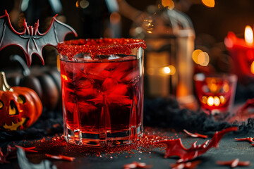 Wall Mural - Red Halloween cocktail with bat decoration and sugared rim surrounded by festive decorations