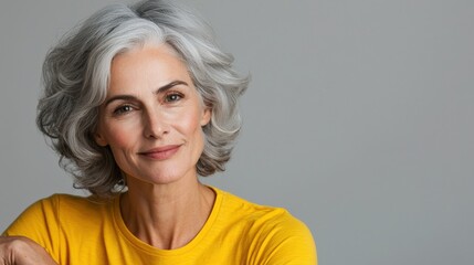 Close up of mature woman with white skin, grey short hair, wavy hair and a clear yellow t shirt, isolated in a light grey studio. Portrait person.