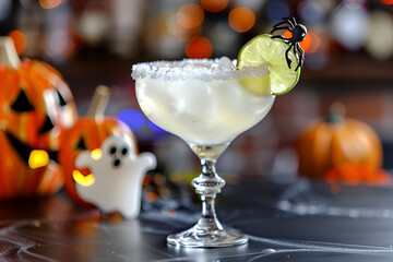 Wall Mural - Halloween cocktail in a glass with a salted rim, lime, and plastic spider