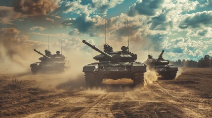 Three tanks are driving through a dusty desert