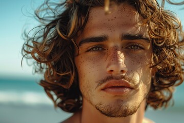 Cute beautiful man with curly hair on blurred ocean background