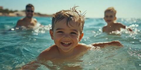 A happy boy enjoying his swim in the ocean