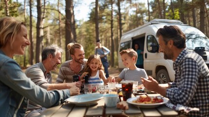 a multigenerational family dining al fresco in their automobile during a caravan holiday, family vac