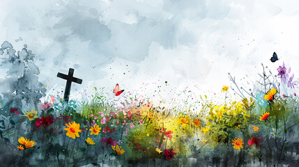 Christian cross with flowers butterflies hope faith love religion easter christianity resurrection heaven memorial cemetery grave watercolor painting