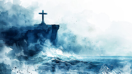 Sticker - Christian cross on cliff edge above stormy ocean faith hope religion christianity god jesus christ gospel waves storm sea water nature landscape blue dramatic powerful spiritual symbol inspirational