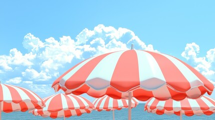 Wall Mural - Bright Red and White Striped Beach Umbrellas Against a Sunny Blue Sky with Fluffy Clouds