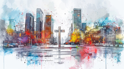 Abstract city street view with skyscrapers buildings watercolor painting background