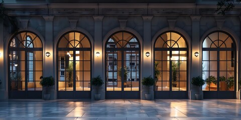 Canvas Print - A large building with many windows, including arched windows. The building appears to be a hotel or a large office building. The windows are lit up, creating a warm and inviting atmosphere