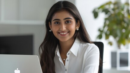 Happy young Indian business woman sitting at desk with laptop Professional online teacher coach in Smile School Advertise virtual student classes Teach a webinar on distance education. Portrait.