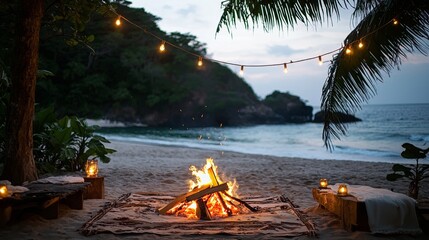 Wall Mural - Beach Bonfire at Sunset with Fairy Lights and Ocean in the Background