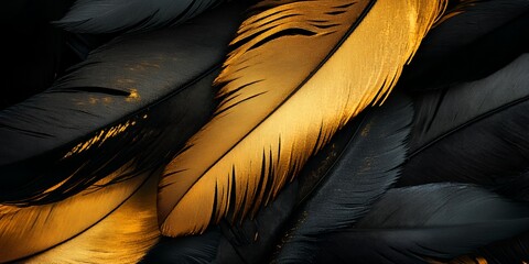 Wall Mural - A close up of a feather with gold and black colors. The feather is very detailed and has a lot of texture. The colors of the feather create a sense of depth and contrast