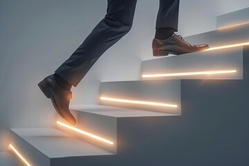 Wall Mural - Businessman climbing up the glowing stairs. Concept of success