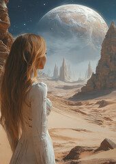 Canvas Print - A woman in a white spacesuit stands on a platform looking out at a vast desert