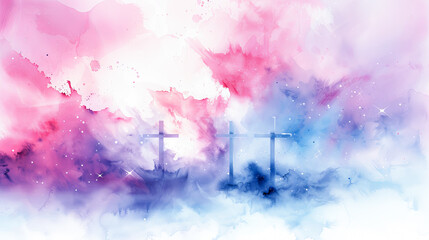 Wall Mural - Abstract religious Easter background three crosses Calvary hill watercolor faith hope resurrection Christ Jesus Christian holiday design grunge texture purple blue pink banner copy space background