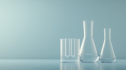 Wall Mural - clear test tubes and flasks filled with liquid are arranged on a table in a laboratory with a calmin