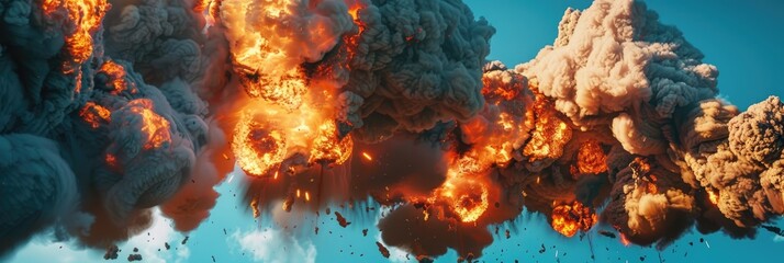 Wall Mural - Gigantic explosion generating massive fireballs and billows of dark smoke against serene blue sky