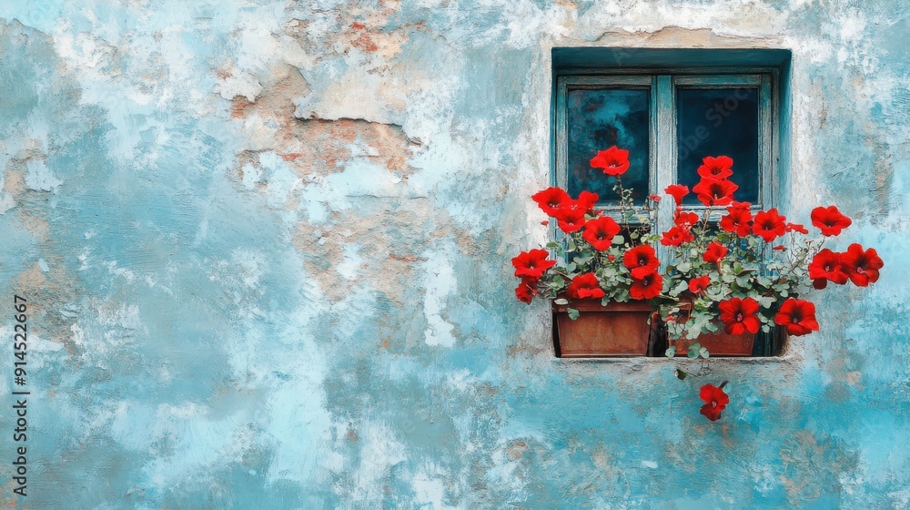 vintage window with red flowers on the wall in an old Italian city ...