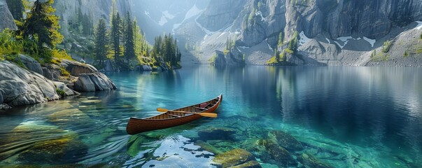 Wall Mural - Crystal-clear mountain lake with a canoe gliding across its calm surface, 4K hyperrealistic photo