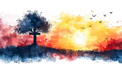 Wall Mural - Watercolor painting silhouette cross under tree sunset background birds flying colorful sky faith religion Christianity religious symbol spiritual hope heaven peaceful nature landscape art abstract