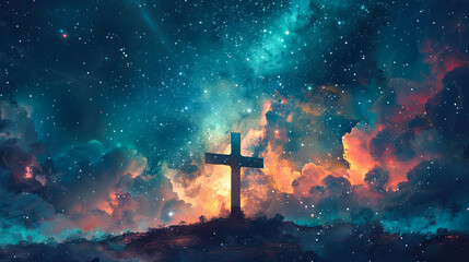 Christian cross silhouette on hill against dramatic night sky with stars clouds and nebula universe galaxy space exploration religion faith hope spirituality