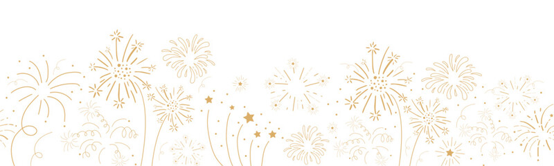 Sticker - fireworks festive explosion golden bursts, sparks in doodle style seamless pattern border. holiday c