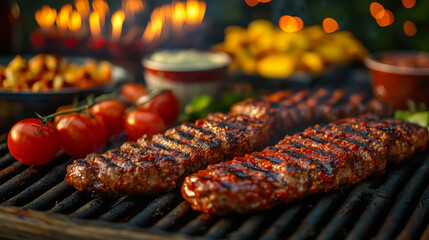 Evening BBQ Cookout with Grilled Meat, Fresh Tomatoes, and Festive Lights