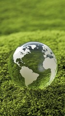 A glass globe rests on vibrant moss in a tranquil forest, symbolizing Earth Day and emphasizing the importance of protecting our planet from global warming