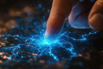 Poster - futuristic closeup of a human fingertip touching an ethereal spark of blue electrical energy with glowing circuit patterns radiating outward symbolizing technological connection