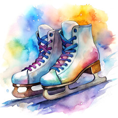 The image is a watercolor painting of two ice skates. The skates are in the middle of a blue and purple background, and the colors are vibrant and lively