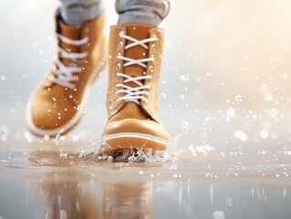 Closeup of feet splashing in a puddle