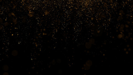 Wall Mural - golden glitter particles falling down on clean black copy space illustration background.