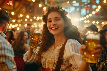 Wall Mural - Oktoberfest waitress having fun and dancing at a beer festival event wearing a traditional costume