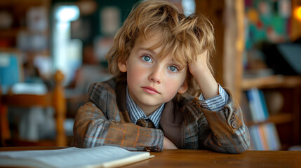 young caucasian boy with blond hair and blue eyes, wearing a plaid jacket, sitting at a desk with a 